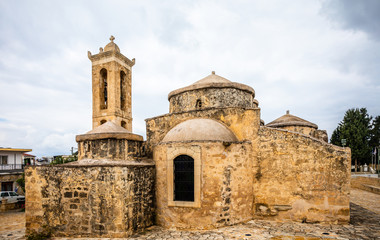 Agia Paraskevi old stone with domes and bell tower Byzantine Church in Geroskipou village, Cyprus