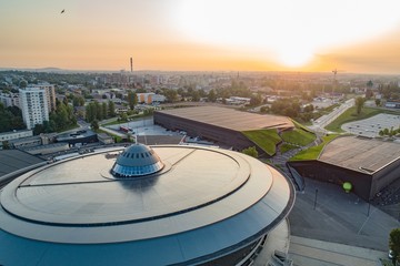 Aerial drone view of Katowice at sunrise. Katowice is the largest city and capital of Silesia voivodeship.