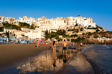 August 12, 2019, Sperlonga, Italy, view on old town Sperlonga and clowded beach during August...