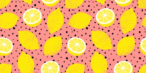 Behang Geel Vector naadloze citroen patroon met zwarte stippen. Trendy zomer achtergrond.