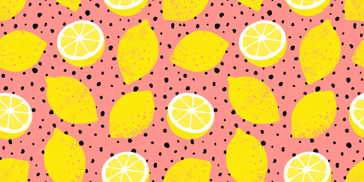 Vector seamless lemon pattern with black dots. Trendy summer background.
