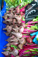 Farmer market in Nafplio, Greece, new harvest of red beetroot vegetable, fresh and healthy organic food