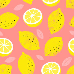 Vector lemon seamless pattern. Trendy bright summer background.