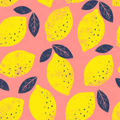 Vector lemon seamless pattern. Trendy bright summer background.