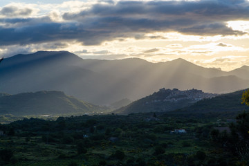 Landscape with  mountain range in soft morning sunlights on Sicily island, South of Italy