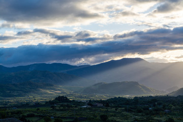 Fototapeta na wymiar Landscape with mountain range in soft morning sunlights on Sicily island, South of Italy