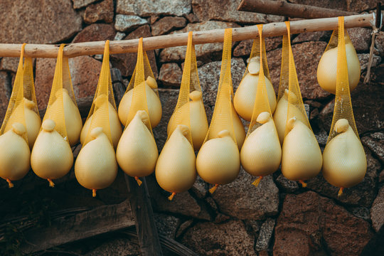 Delicious fresh Caciocavallo cheese hanging on a wall