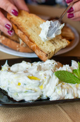 Tzatziki, dip or sauce from Southeast Europe and Middle East made of salted strained yogurt mixed with cucumbers, garlic, salt, olive oil, vinegar or lemon juice, and dill, mint, parsley and thyme.