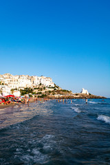 August 12, 2019, Sperlonga, Italy, view on old town Sperlonga and clowded beach during August...
