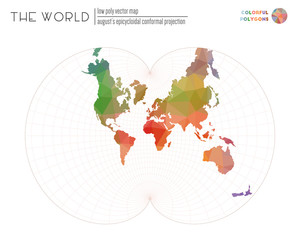 Low poly world map. August's epicycloidal conformal projection of the world. Colorful colored polygons. Energetic vector illustration.
