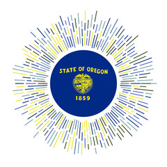 Oregon sign. US state flag with colorful rays. Radiant sunburst with Oregon flag. Vector illustration.
