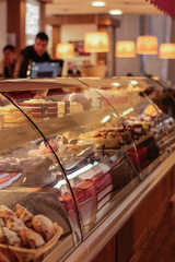 buffet at the market. store with delicious cakes. market with glass showcase in shop mall