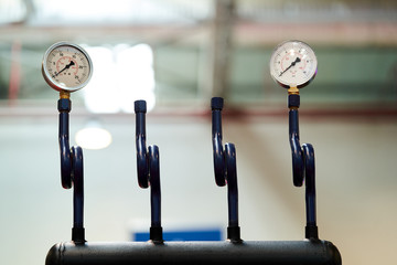Pressure gauge psi meter on white background with copy space