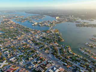 Aerial view of St. Petersburg during sunrise, Florida, USA. downtown city skyline on the bay. 