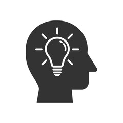 Human head simple silhouette icon with light bulb. Head with light bulb or idea, invention concept black vector icon.