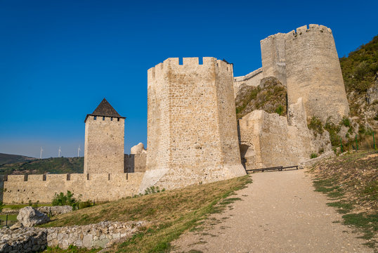 Summer afternoon view of restored medieval Golubac fortress, trdava Golubac  on the bank of the Danube in Serbia for Yugoslavia across from Romania major tourist destination