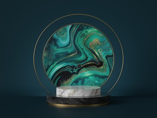 3d render, abstract art deco green marble background, round agate slab, marble texture, gold foil. Cylinder pedestal, podium, showcase stand. Luxury minimal mockup