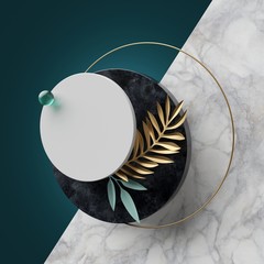 3d abstract modern geometric green background with black and white marble stone textures. Golden paper palm leaves. Clean trendy design. Blank minimal round mockup.