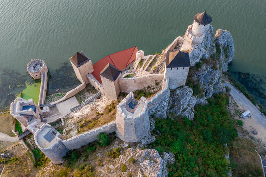 Aerial view of restored medieval Golubac fortress, trdava Golubac  on the bank of the Danube in Serbia for Yugoslavia across from Romania major tourist destination