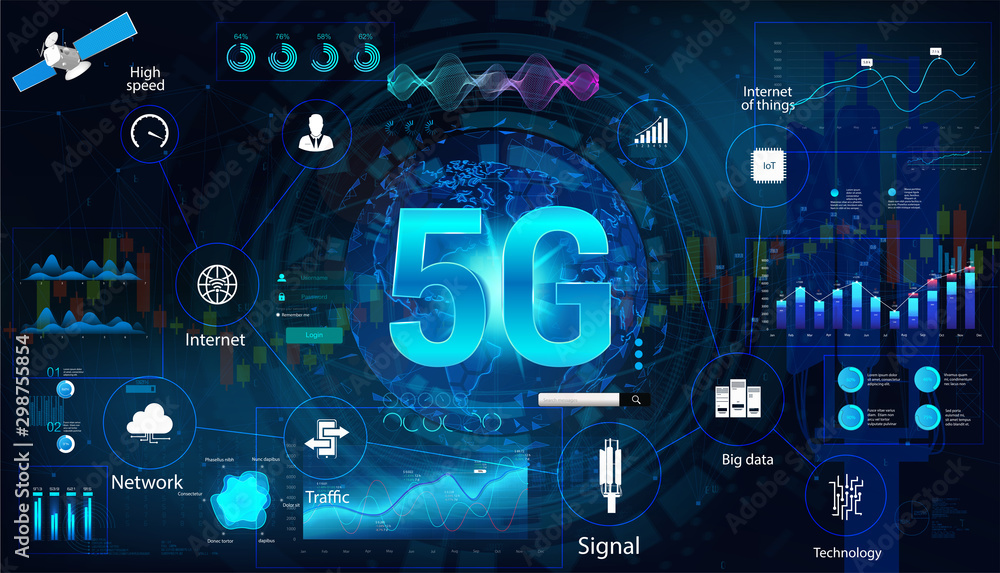 Aufkleber 5G internet technology concept banner with elements interface and aspects 5G technology.  Global high speed internet via wireless network concept. Vector illustration with HUD interface elements
