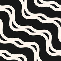 Vector wavy seamless pattern. Abstract monochrome texture with diagonal waves, stripes, curved shapes, lines. Illustration of ripple surface. Simple black and white  background. Repeatable design