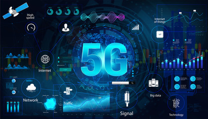 5G internet technology concept banner with elements interface and aspects 5G technology.  Global high speed internet via wireless network concept. Vector illustration with HUD interface elements