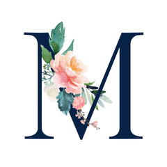 Floral Alphabet - navy color letter M with flowers bouquet composition. Unique collection for wedding invites decoration and many other concept ideas.
