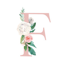 Floral Alphabet - blush / peach color letter F with flowers bouquet composition. Unique collection for wedding invites decoration and many other concept ideas.