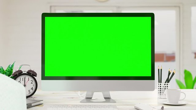 Computer background. Computer mock up with green screen on work desk in office white color. 3D Render.