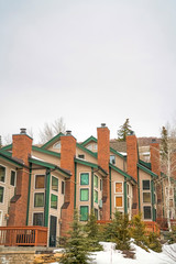 Fototapeta na wymiar Townhomes exterior with porches and brick chimneys against cloudy sky in winter