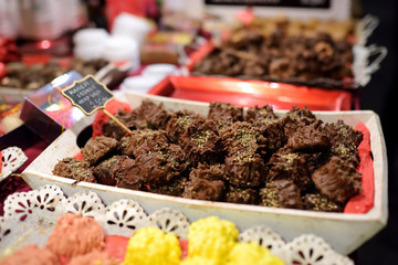 Choice of sweets on traditional Christmas market in Tallinn, Estonia. Candy, cookies, gingerbread.