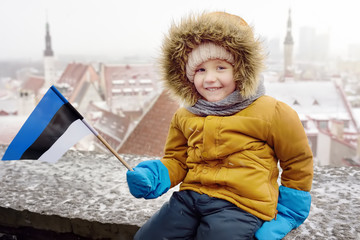 Little boy with flag of Estonia is sitting on the wall of Tallinn old town in winter.