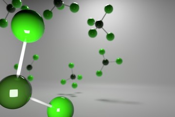 3D rendering of a molecule containing atoms and bonds