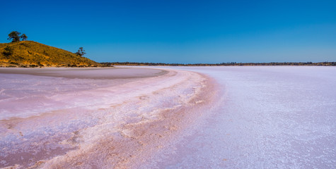 Panorama of pink Lake Crosbie in Australia