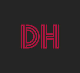 Initial two letter red line shape logo on black vector DH
