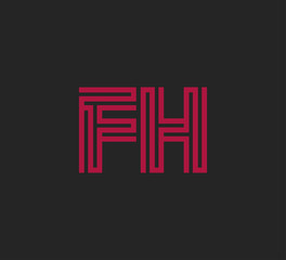 Initial two letter red line shape logo on black vector FH