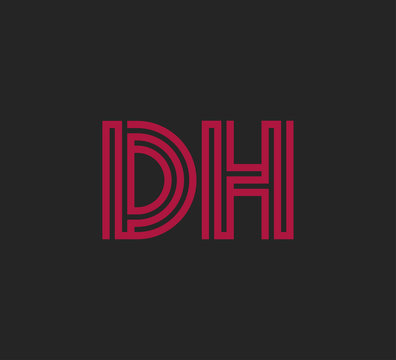 Initial two letter red line shape logo on black vector DH