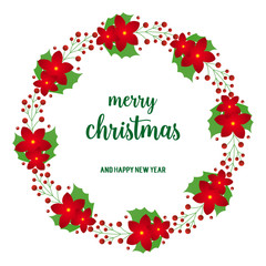 Greeting card merry christmas and happy new year, with pattern of red flower frame elegant. Vector