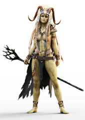 Portrait of a fantasy female orc shaman with staff and native outfit including a cloak and horned skull headdress on a white background. 3d rendering © Digital Storm