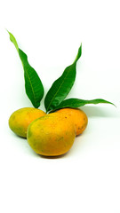 Three small fresh mangoes with leaves on closeup with white background