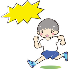 走る　子ども　男の子　吹き出し付き　笑顔　元気　青　