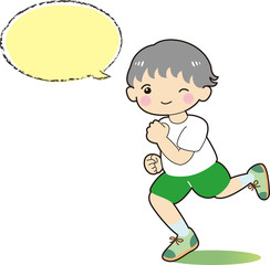 走る　子ども　男の子　吹き出し付き　笑顔　元気　緑
