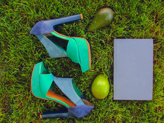 Book, sandals laying on green grass. Lifestyle objects in flat lay top view arrangement, overhead...