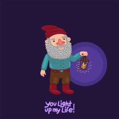 Greeting card with a gnome with a lantern. Vector graphics.
