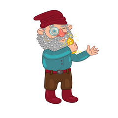 Gnome In a monocle with a diamond in his hand. Isolate on a white background. Vector graphics.