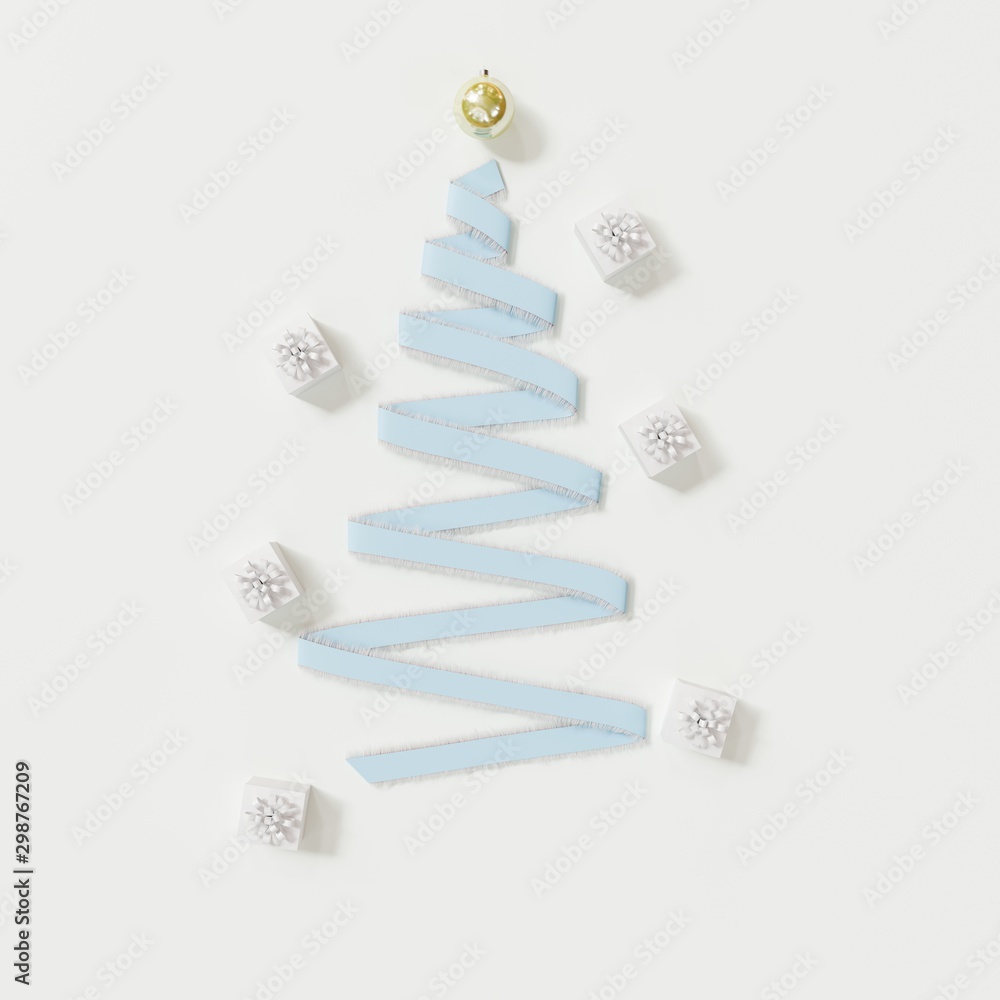Poster blue ribbon christmas day decoration objects shape by christmas tree on white background. minimal id