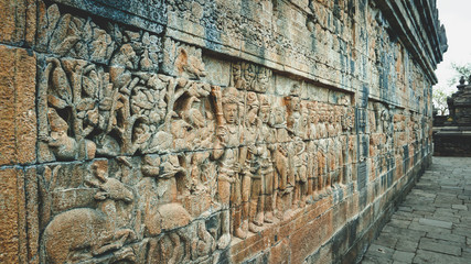 Historical reliefs on the walls of the Borobudur temple
