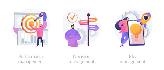 Workflow optimization, business direction choosing, startup launch icons set. Performance management, decision management, idea management metaphors. Vector isolated concept metaphor illustrations - obrazy, fototapety, plakaty