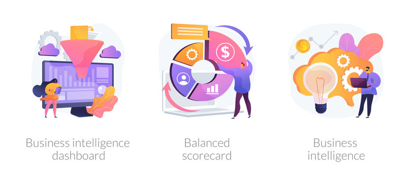 Data analysis, strategic management, analytical research icons set. Business intelligence dashboard, balanced scorecard, business intelligence metaphors. Vector isolated concept metaphor illustrations
