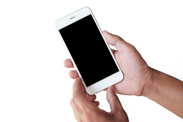 Mock up smartphone of hand holding black mobile phone with blank white screen. 